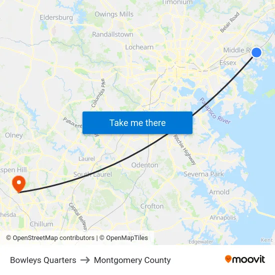 Bowleys Quarters to Montgomery County map