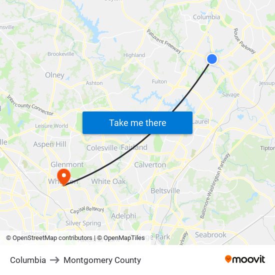 Columbia to Montgomery County map