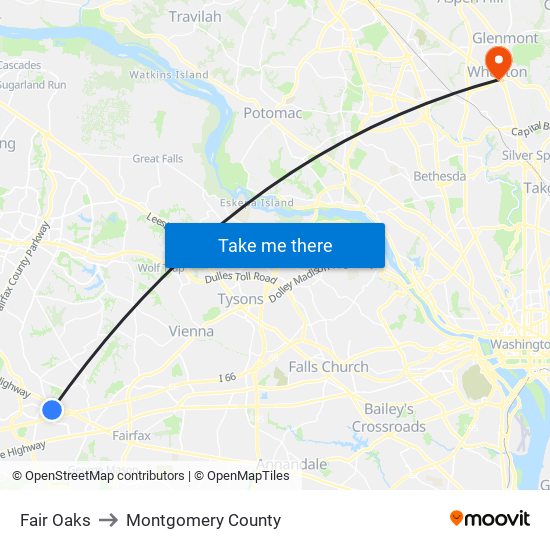 Fair Oaks to Montgomery County map