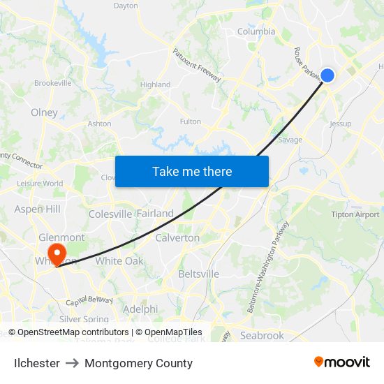 Ilchester to Montgomery County map