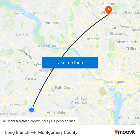 Long Branch to Montgomery County map