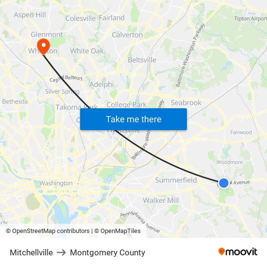 Mitchellville to Montgomery County map