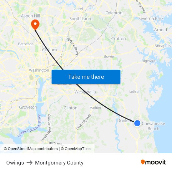 Owings to Montgomery County map