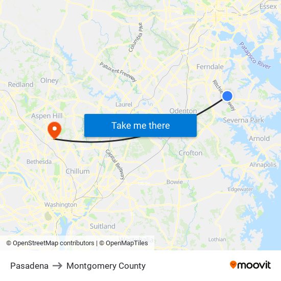 Pasadena to Montgomery County map