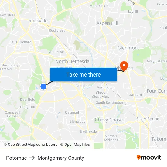 Potomac to Montgomery County map