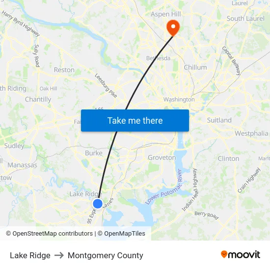 Lake Ridge to Montgomery County map