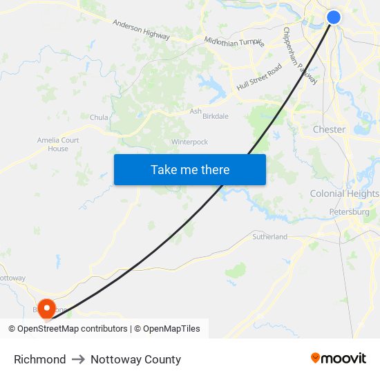 Richmond to Nottoway County map