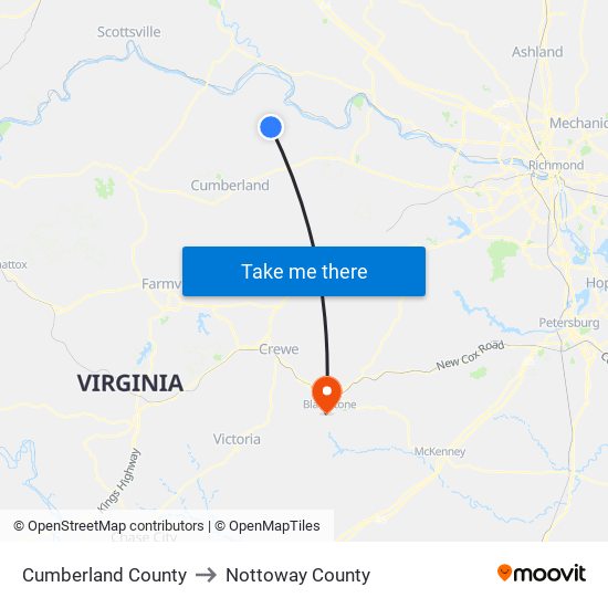 Cumberland County to Nottoway County map