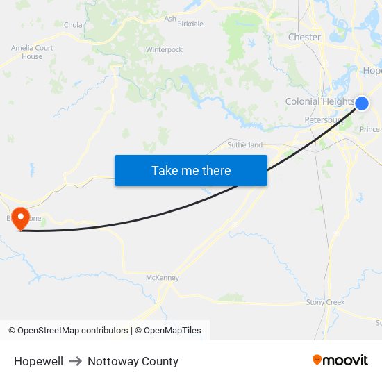 Hopewell to Nottoway County map