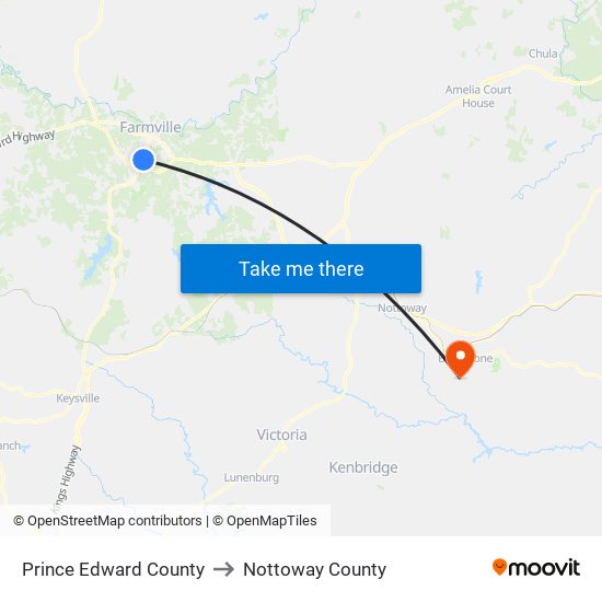 Prince Edward County to Nottoway County map