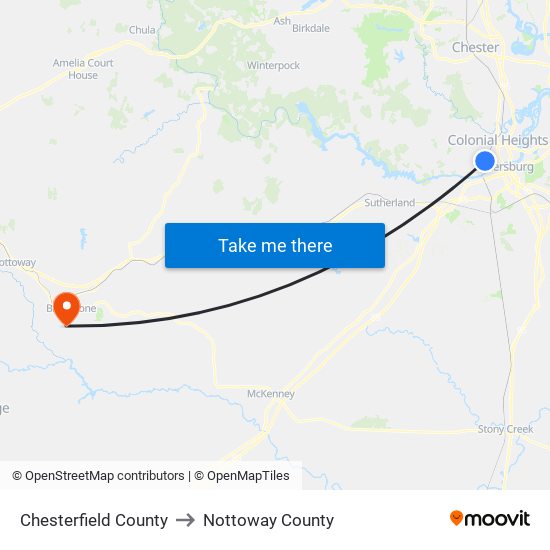 Chesterfield County to Nottoway County map