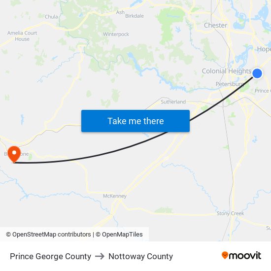 Prince George County to Nottoway County map