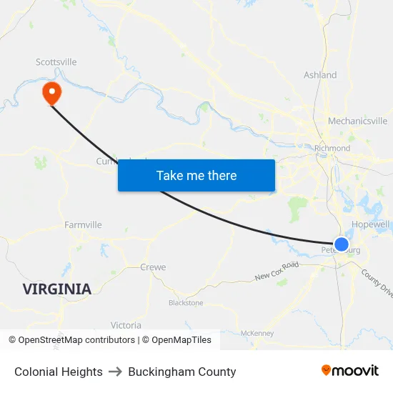 Colonial Heights to Buckingham County map