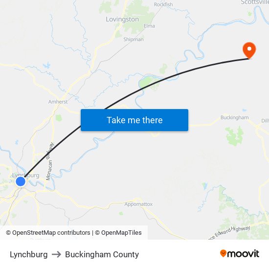 Lynchburg to Buckingham County map