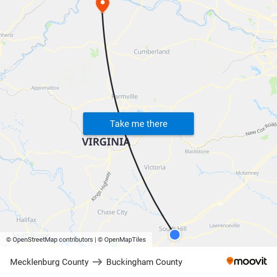 Mecklenburg County to Buckingham County map