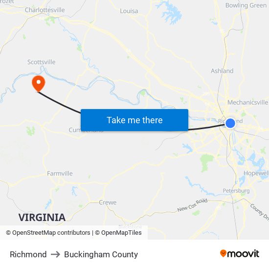 Richmond to Buckingham County map