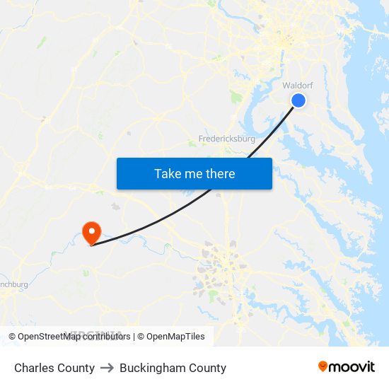 Charles County to Buckingham County map