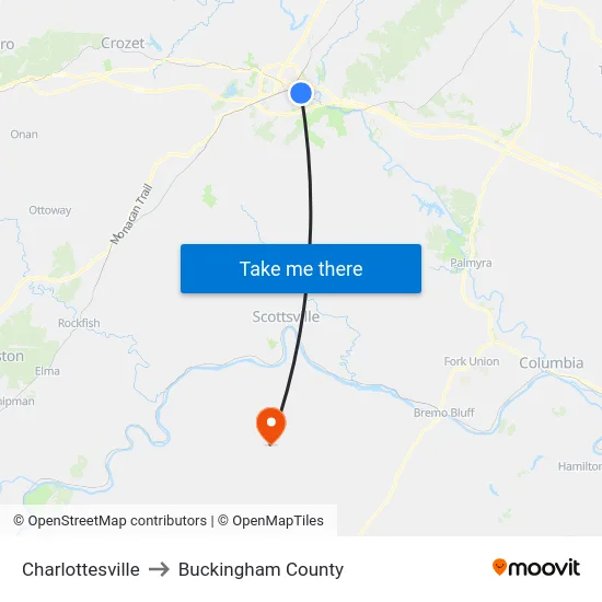 Charlottesville to Buckingham County map