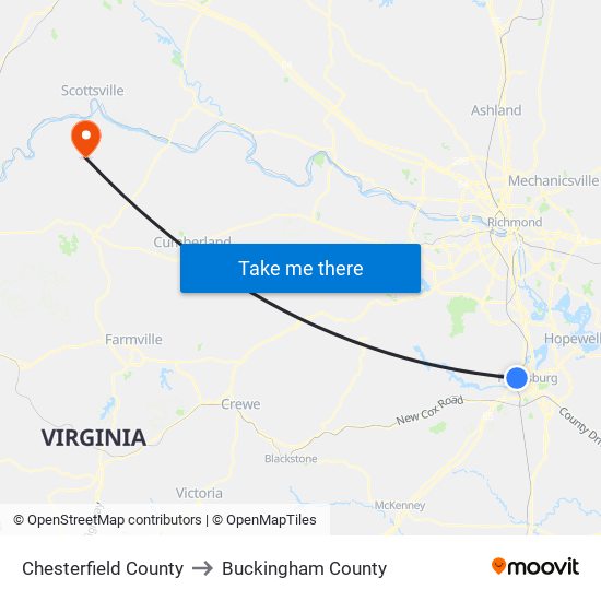 Chesterfield County to Buckingham County map