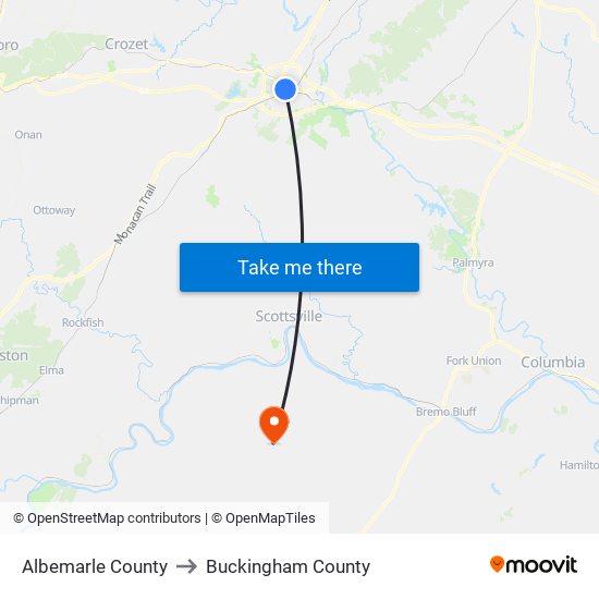 Albemarle County to Buckingham County map