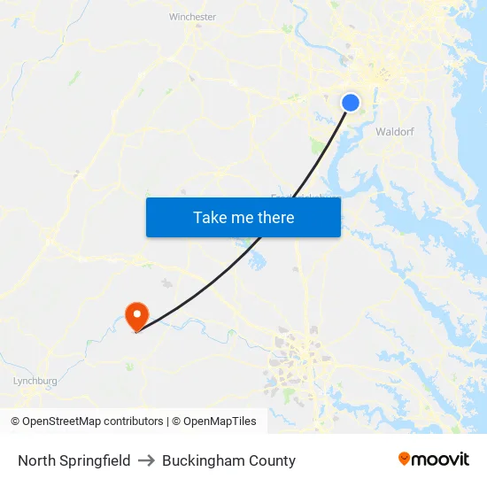 North Springfield to Buckingham County map