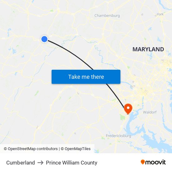 Cumberland to Prince William County map