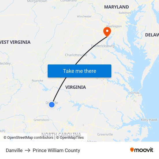 Danville to Prince William County map