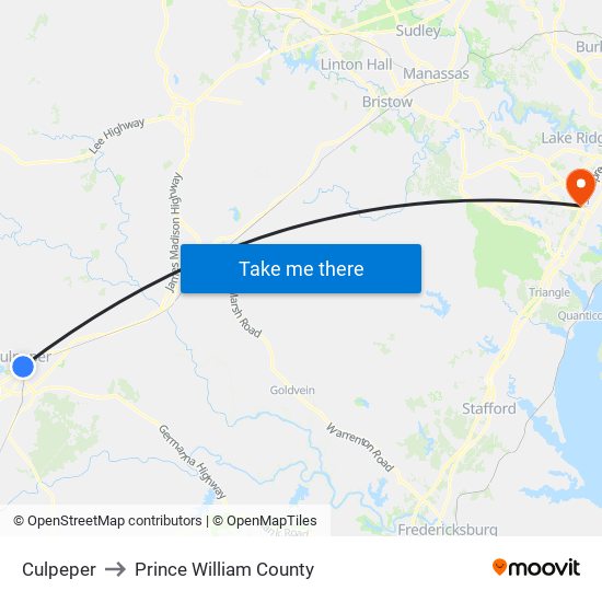 Culpeper to Prince William County map