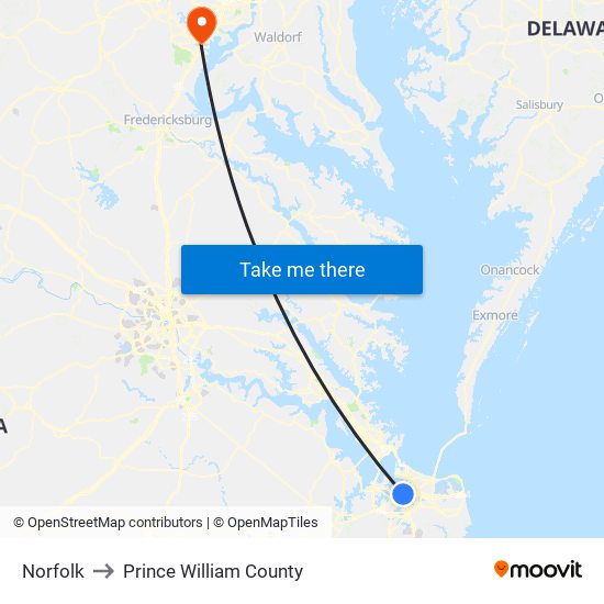 Norfolk to Prince William County map