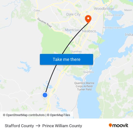 Stafford County to Prince William County map