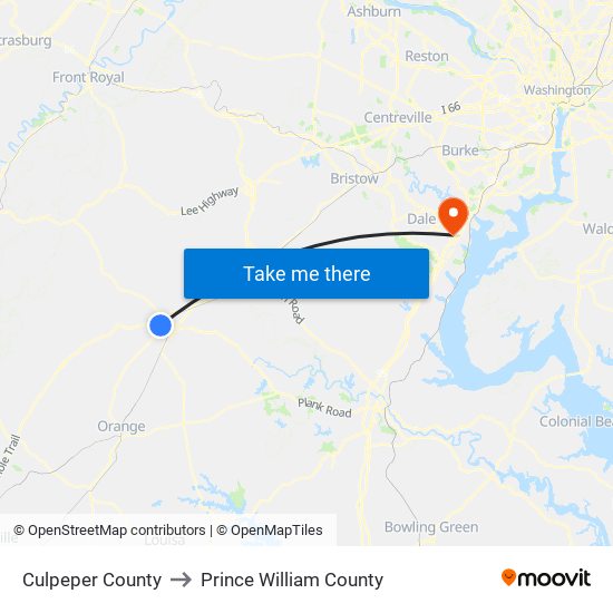 Culpeper County to Prince William County map