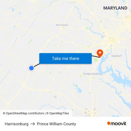 Harrisonburg to Prince William County map