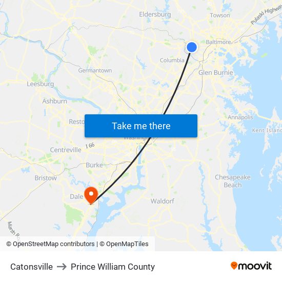 Catonsville to Prince William County map