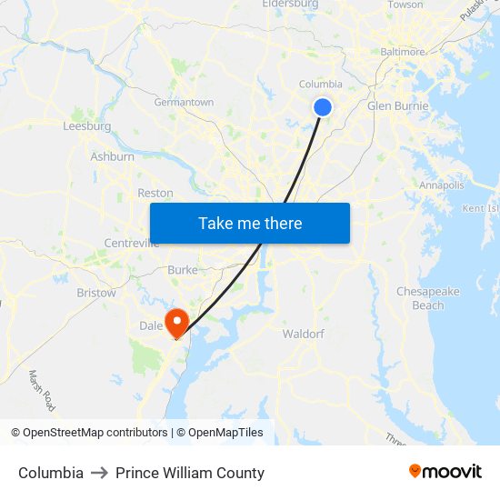 Columbia to Prince William County map