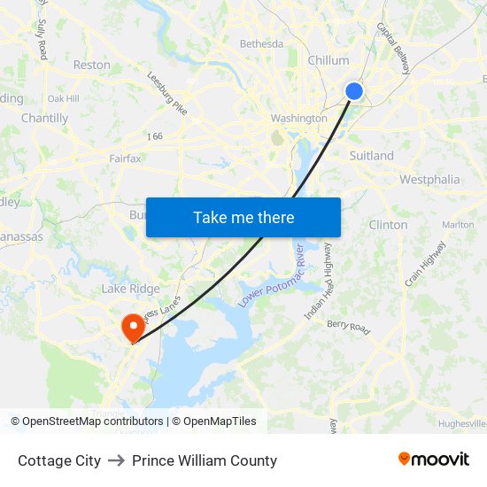 Cottage City to Prince William County map