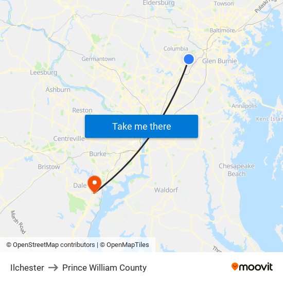 Ilchester to Prince William County map