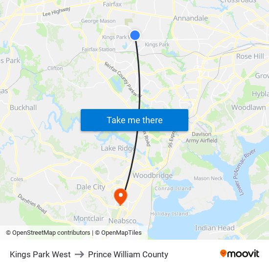 Kings Park West to Prince William County map