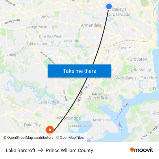 Lake Barcroft to Prince William County map