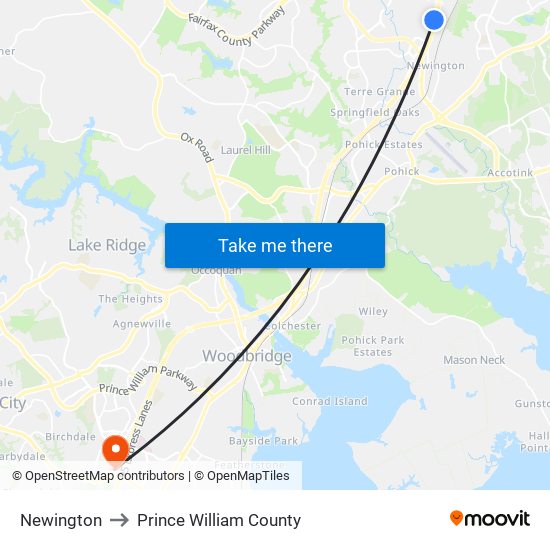 Newington to Prince William County map