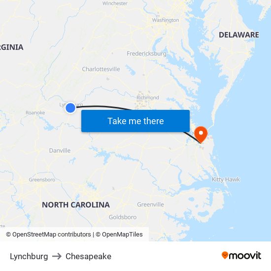 Lynchburg to Chesapeake map