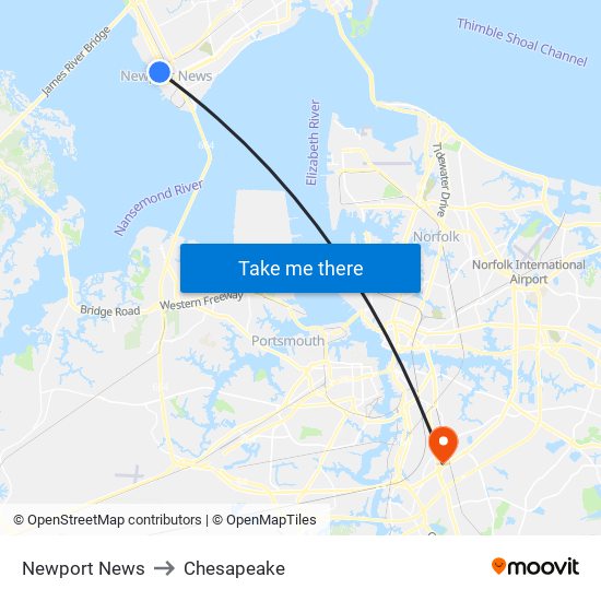 Newport News to Chesapeake map