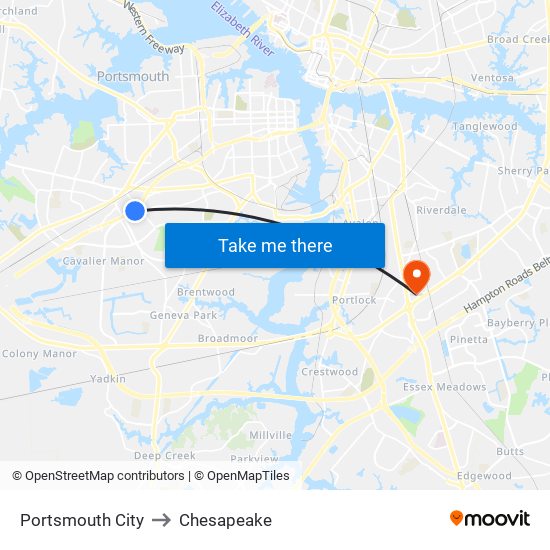 Portsmouth City to Chesapeake map