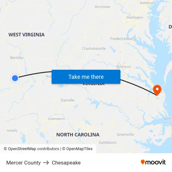 Mercer County to Chesapeake map