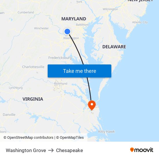 Washington Grove to Chesapeake map