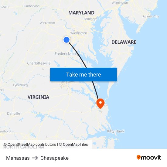 Manassas to Chesapeake map