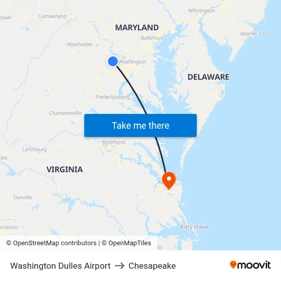 Washington Dulles Airport to Chesapeake map