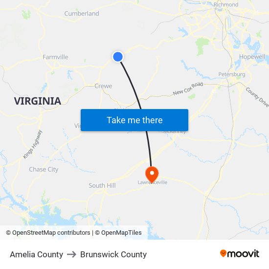 Amelia County to Brunswick County map