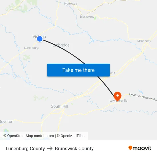 Lunenburg County to Brunswick County map