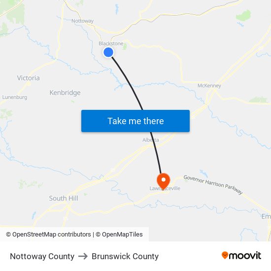 Nottoway County to Brunswick County map