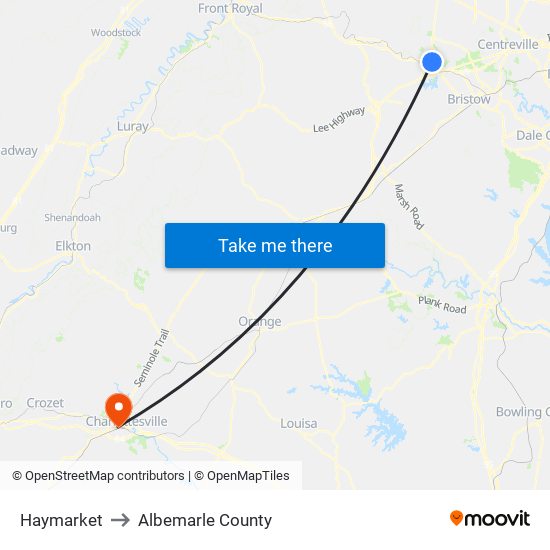 Haymarket to Albemarle County map